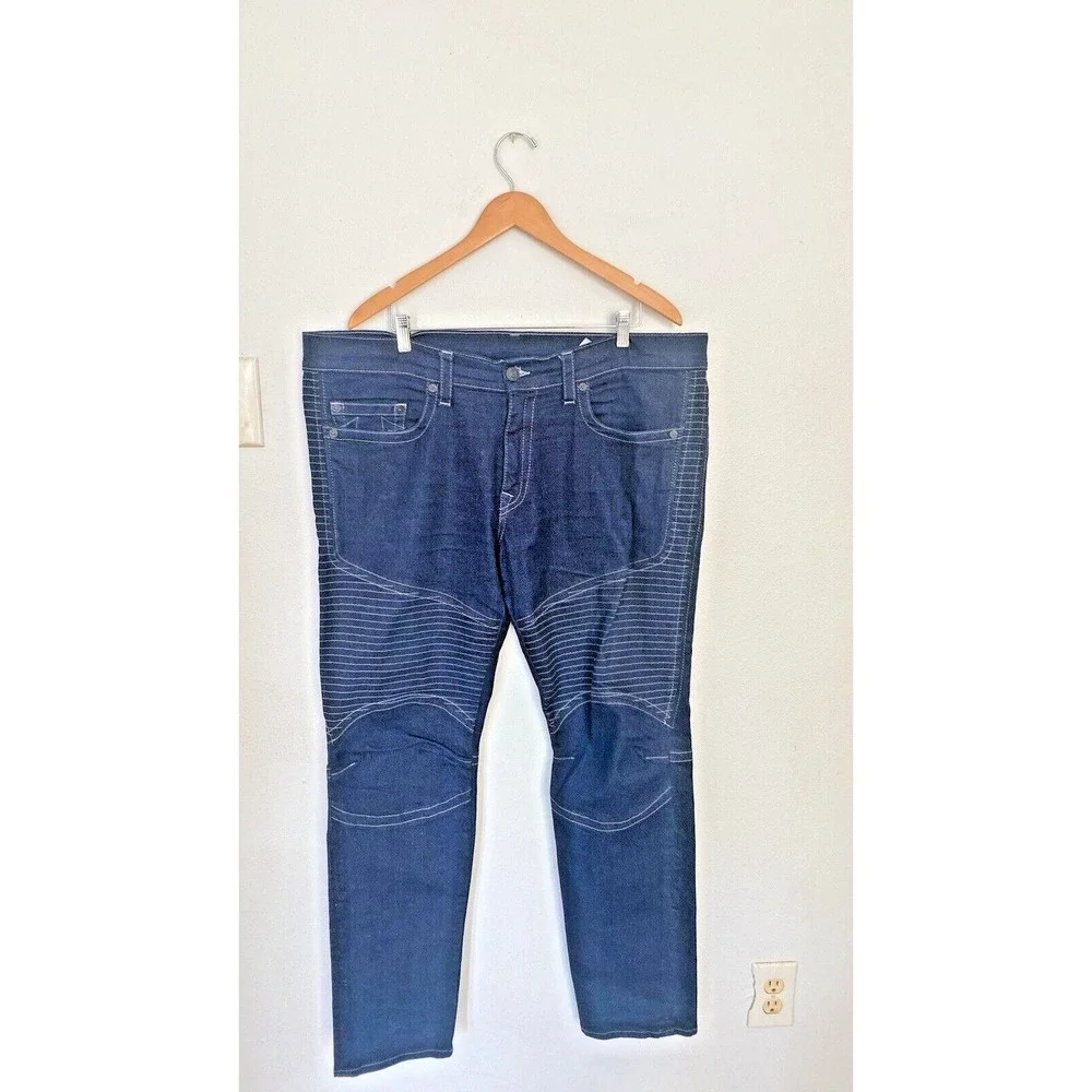 True Religion Jeans Men 42X33 Blue Denim‎ Moto Slim Run Stitch Double Knee